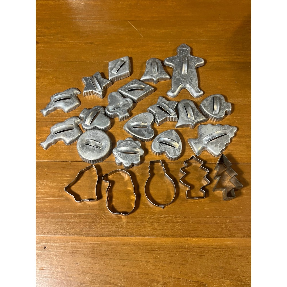 Vtg Aluminum Cookie Cutter Lot 21pc Gingerbread Man Christmas Tree Stars‎ Bell